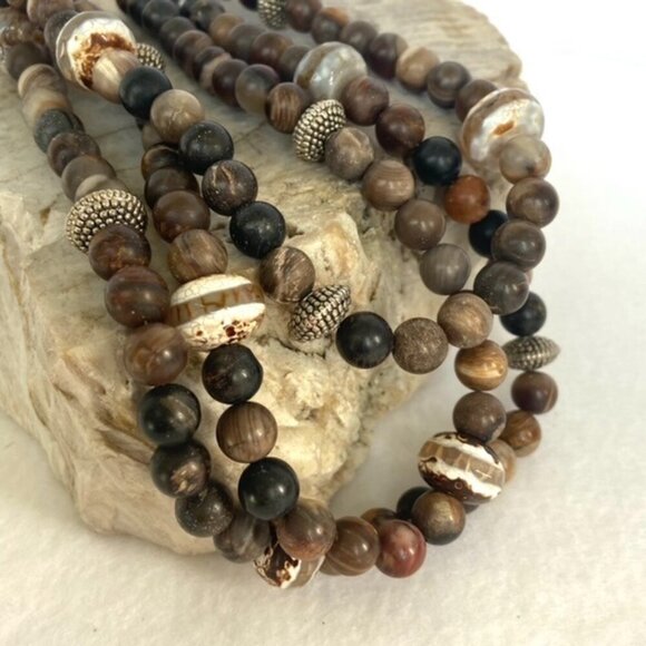 Sterling Silver 925 Tiered Brown Jasper Agate Layered 3 Strand Beaded Necklace - Picture 7 of 16